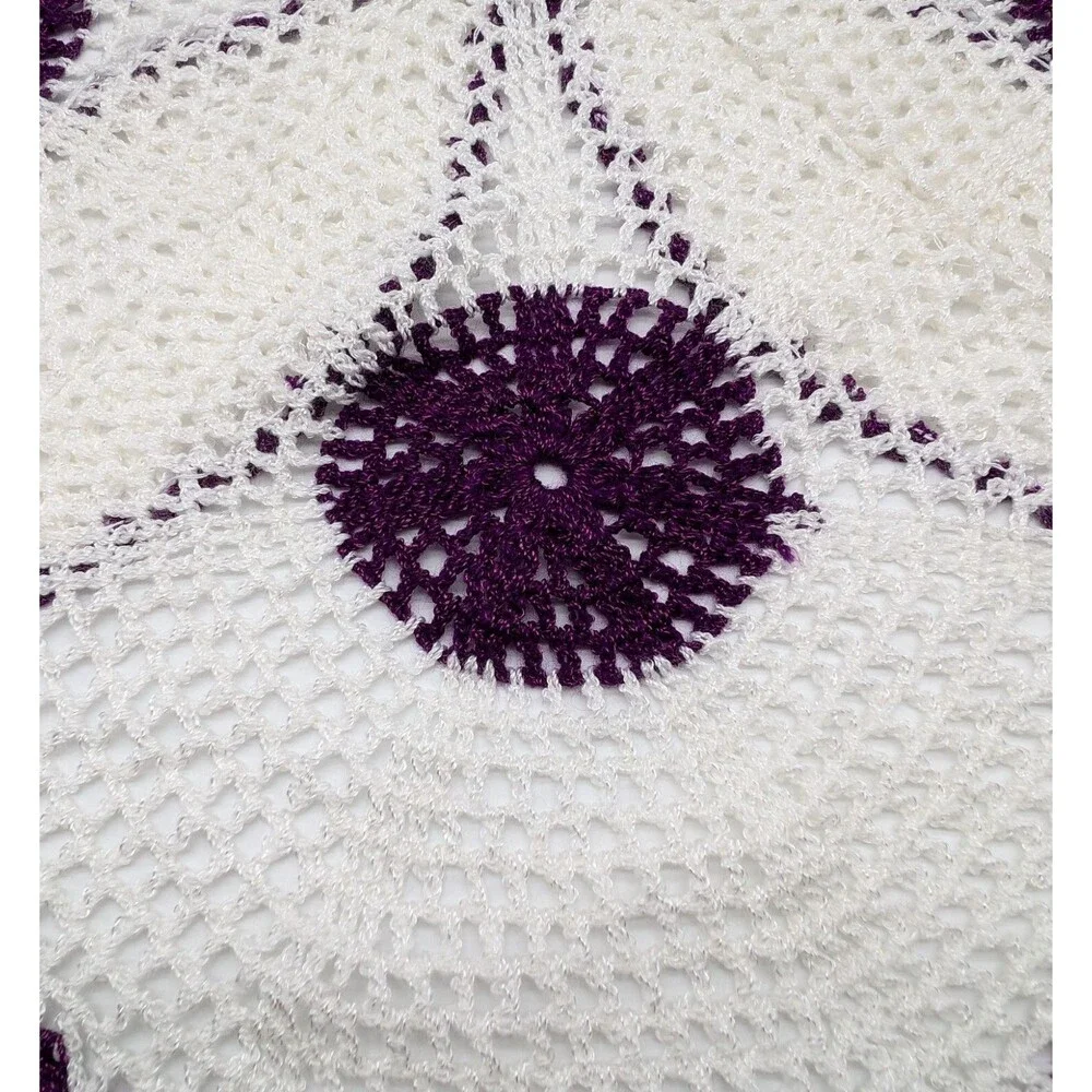 Large Crocheted Round White Purple Raised 3D Flower Doily 25